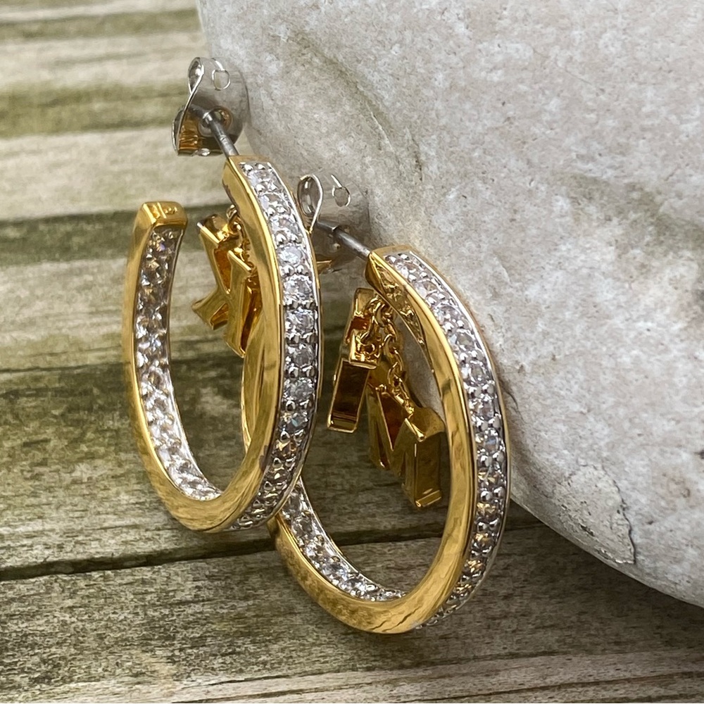 Danbury Mint Initial Hoop Earrings 14k gold plated w/ Diamonisse diamonds K & M